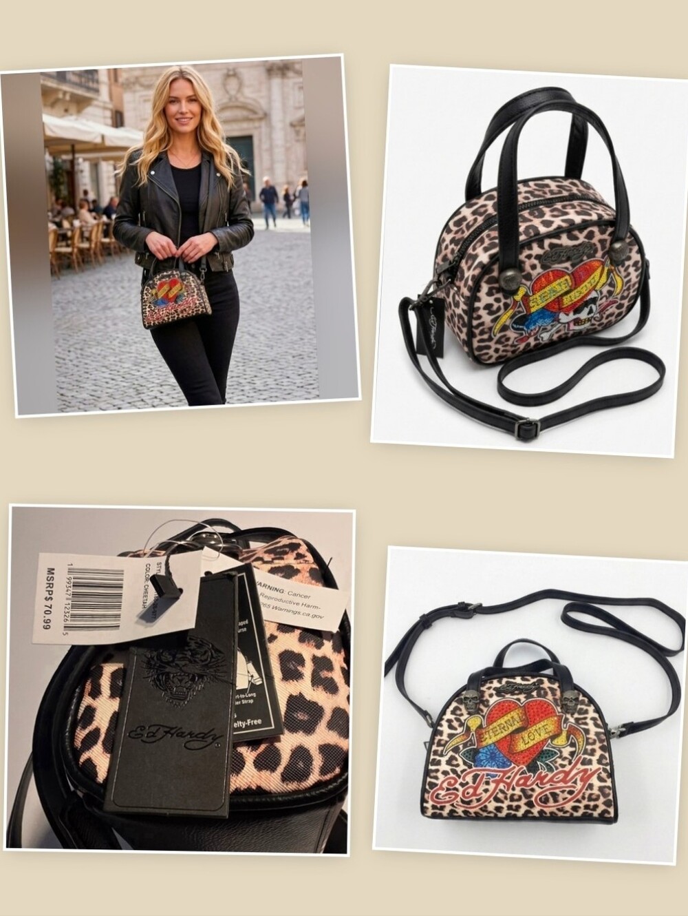 Ed Hardy Cheetah Print Handbag Eternal Love Bag Vegan Material Skulls NWT